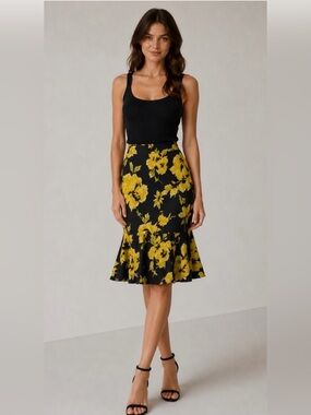 Cache Black A-line Skirt with Yellow Floral Print